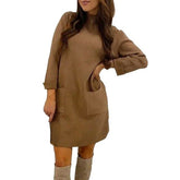 Autumn Winter Oversize Loose Pocket Round Neck Boutique De Velvet Long Sleeve Dress Female Warm Straight Dress